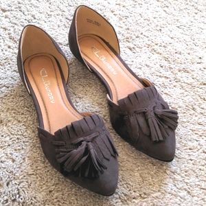 Flats, suede, gray or taupe, new, no box